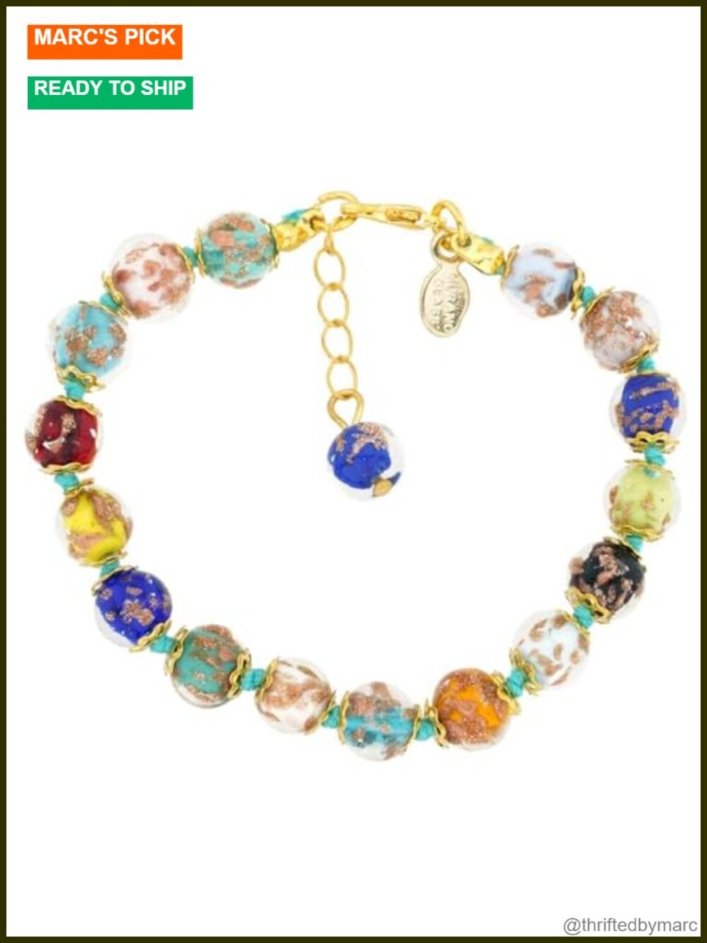 Handmade Murano Glass Bracelet with Gold Plated Brass Accents, Link Bracelet